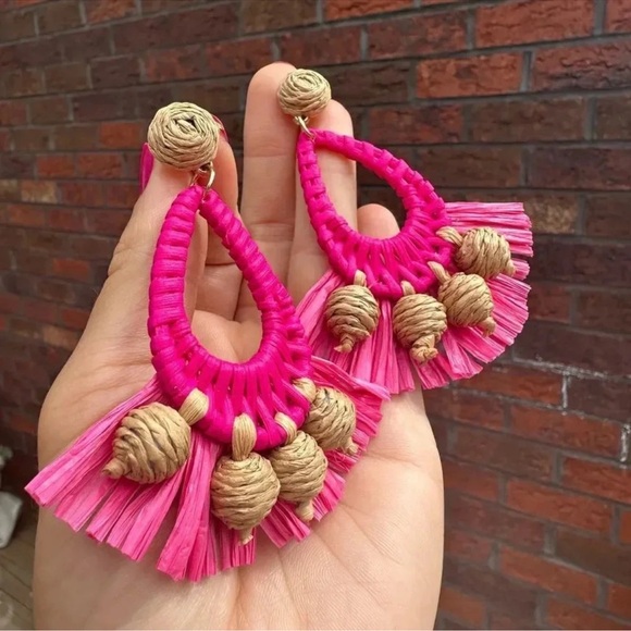 Anthropologie Jewelry - Anthropologie Pink Raffia Breaded Earrings